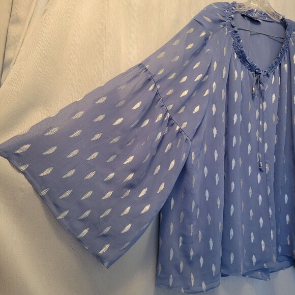 Jennifer Lopez Womens 3X Boho Tunic Blue Metallic Feather Bell Sleeve Flowy - Picture 3 of 7